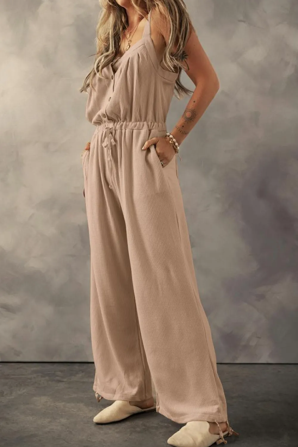 Sale Dear-Lover Knotted Straps Button Textured Drawstring Jumpsuit Pale Khaki
