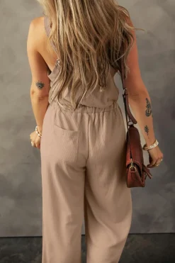 Sale Dear-Lover Knotted Straps Button Textured Drawstring Jumpsuit Pale Khaki