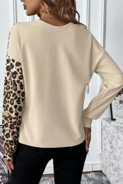 Outlet Dear-Lover Leopard Colorblock Waffle Knit Top Pale Khaki