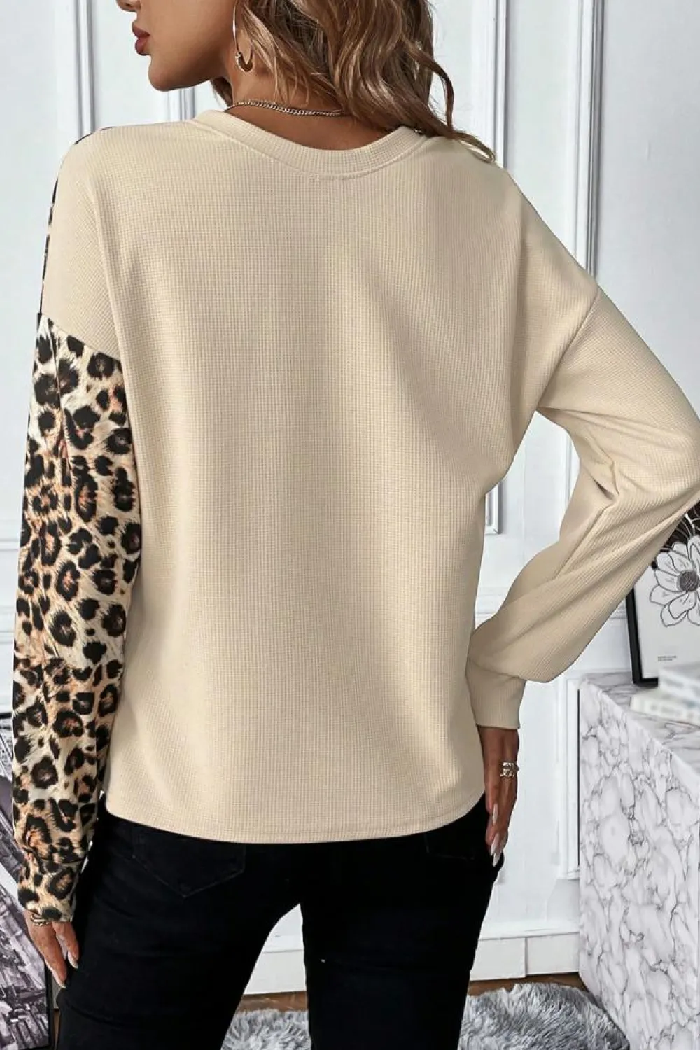 Outlet Dear-Lover Leopard Colorblock Waffle Knit Top Pale Khaki