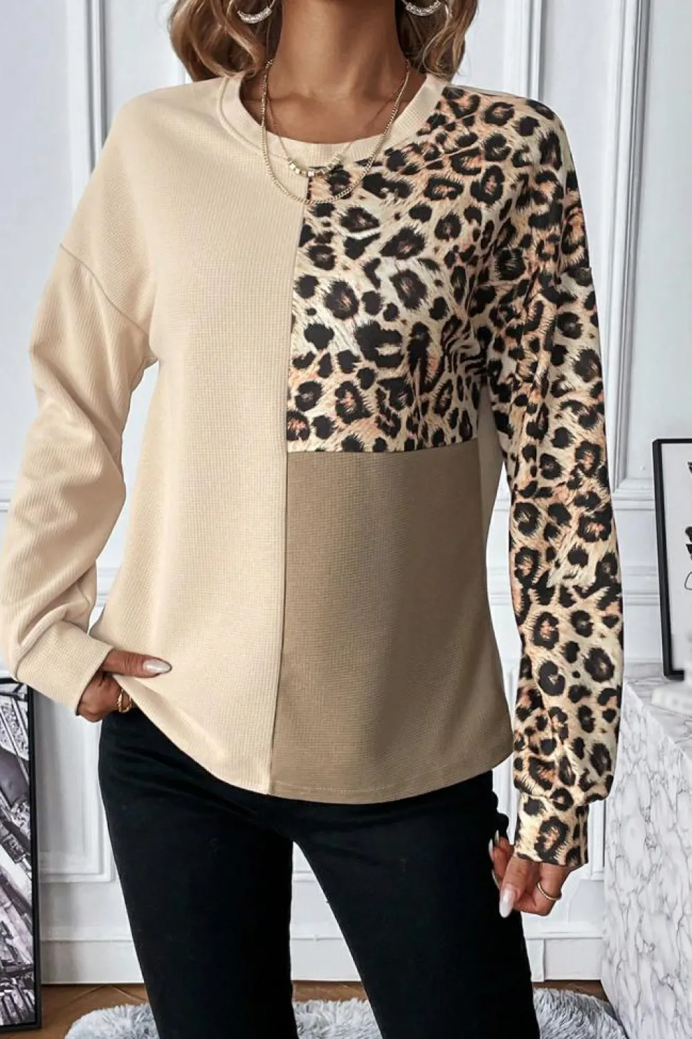 Outlet Dear-Lover Leopard Colorblock Waffle Knit Top Pale Khaki