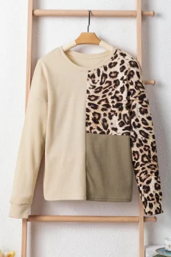 Outlet Dear-Lover Leopard Colorblock Waffle Knit Top Pale Khaki