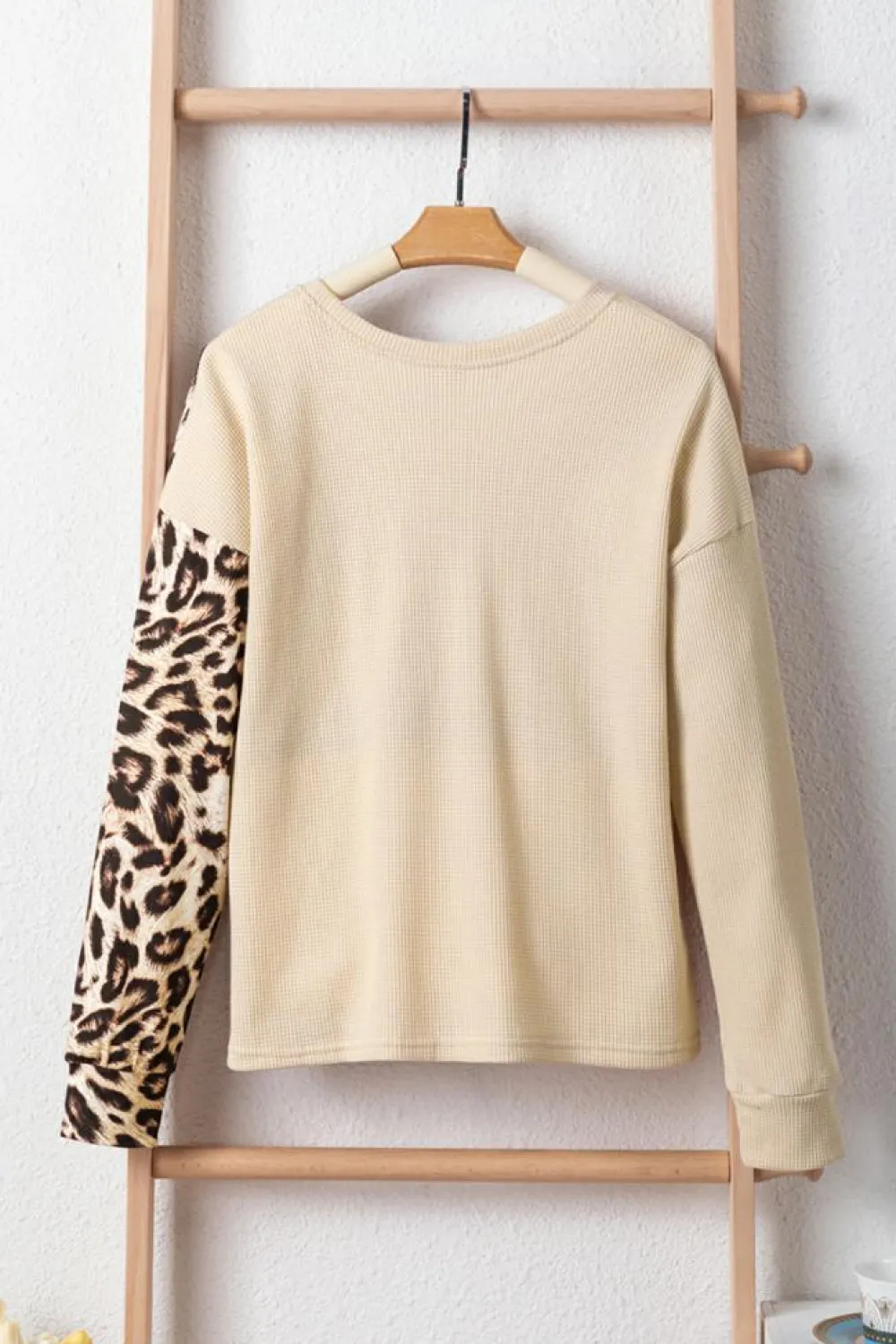 Outlet Dear-Lover Leopard Colorblock Waffle Knit Top Pale Khaki