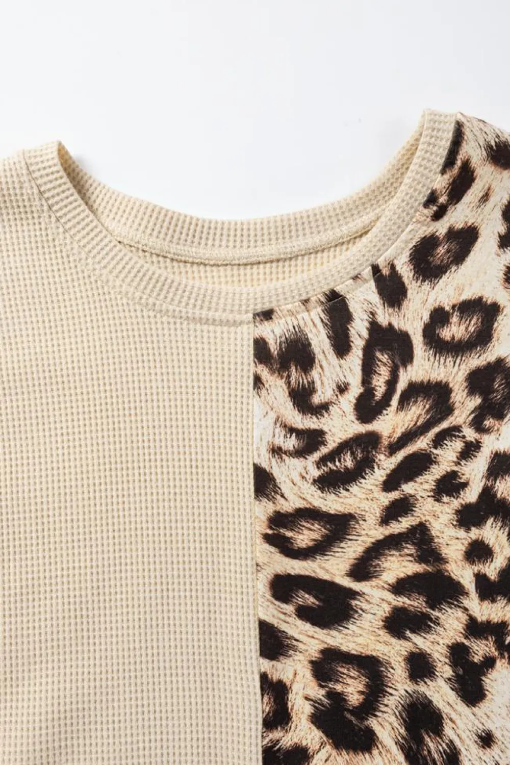 Outlet Dear-Lover Leopard Colorblock Waffle Knit Top Pale Khaki