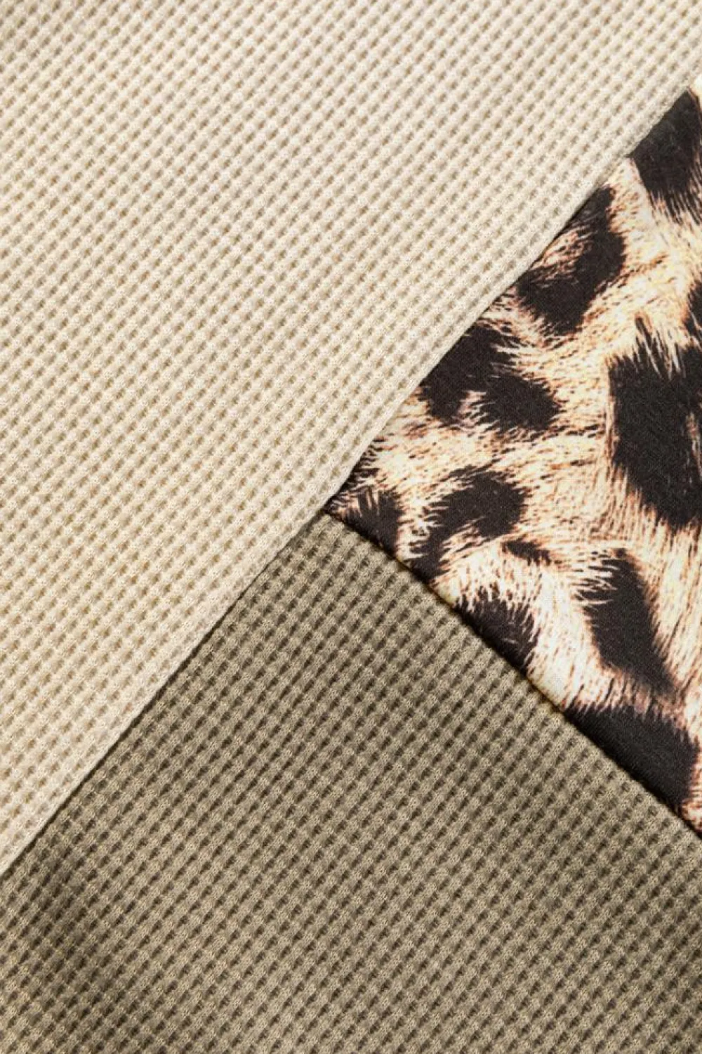 Outlet Dear-Lover Leopard Colorblock Waffle Knit Top Pale Khaki