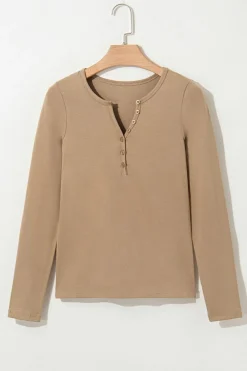 New Dear-Lover Long Sleeve Buttons V Neck Slim Fit Top Pale Khaki