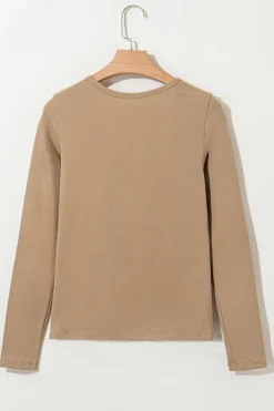 New Dear-Lover Long Sleeve Buttons V Neck Slim Fit Top Pale Khaki