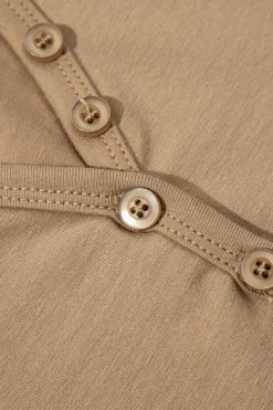 New Dear-Lover Long Sleeve Buttons V Neck Slim Fit Top Pale Khaki