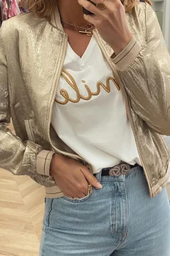 Online Dear-Lover Metallic Zip up Baseball Jacket Pale Khaki