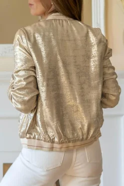 Online Dear-Lover Metallic Zip up Baseball Jacket Pale Khaki