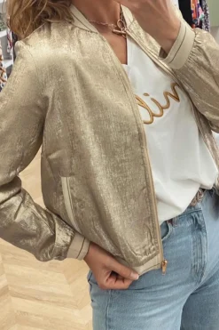 Online Dear-Lover Metallic Zip up Baseball Jacket Pale Khaki