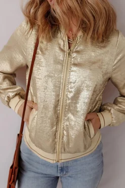 Online Dear-Lover Metallic Zip up Baseball Jacket Pale Khaki