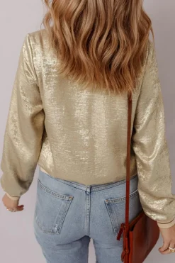 Online Dear-Lover Metallic Zip up Baseball Jacket Pale Khaki