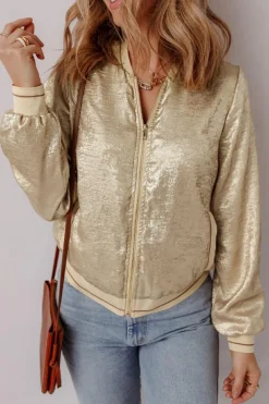 Online Dear-Lover Metallic Zip up Baseball Jacket Pale Khaki