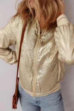 Online Dear-Lover Metallic Zip up Baseball Jacket Pale Khaki
