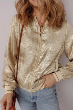 Online Dear-Lover Metallic Zip up Baseball Jacket Pale Khaki