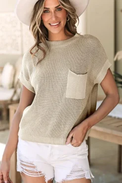 Best Dear-Lover Patch Pocket Short Sleeve Sweater Pale Khaki