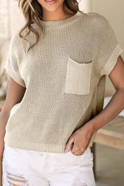 Best Dear-Lover Patch Pocket Short Sleeve Sweater Pale Khaki
