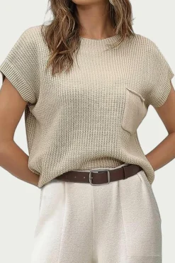 Best Dear-Lover Patch Pocket Short Sleeve Sweater Pale Khaki