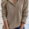 Clearance Dear-Lover Rib Textured Henley Knit Top Pale Khaki