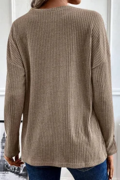 Clearance Dear-Lover Rib Textured Henley Knit Top Pale Khaki