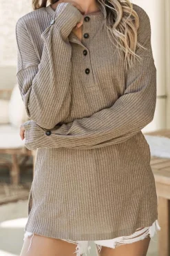 Clearance Dear-Lover Rib Textured Henley Knit Top Pale Khaki