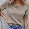 Fashion Dear-Lover Ribbed Buttoned Strappy V Neck Tee Pale Khaki