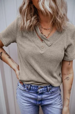 Fashion Dear-Lover Ribbed Buttoned Strappy V Neck Tee Pale Khaki