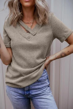 Fashion Dear-Lover Ribbed Buttoned Strappy V Neck Tee Pale Khaki