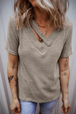 Fashion Dear-Lover Ribbed Buttoned Strappy V Neck Tee Pale Khaki
