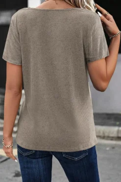 Fashion Dear-Lover Ribbed Buttoned Strappy V Neck Tee Pale Khaki