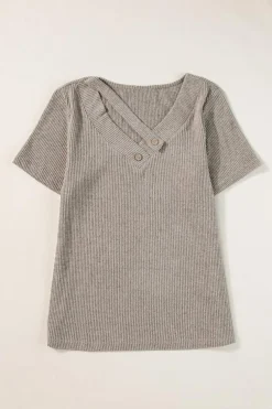 Fashion Dear-Lover Ribbed Buttoned Strappy V Neck Tee Pale Khaki