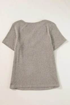 Fashion Dear-Lover Ribbed Buttoned Strappy V Neck Tee Pale Khaki