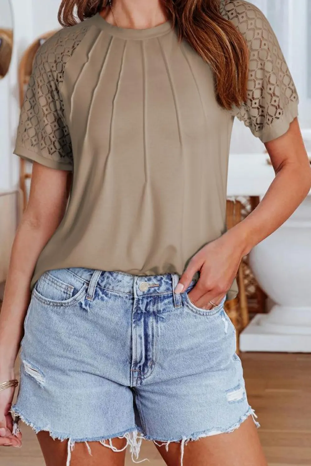 Hot Dear-Lover Seamed Detail Contrast Lace Raglan Sleeve Tee Pale Khaki
