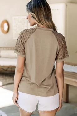 Hot Dear-Lover Seamed Detail Contrast Lace Raglan Sleeve Tee Pale Khaki