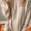 Outlet Dear-Lover Solid Color Cable Knit Ribbed Loose Sweater Pale Khaki