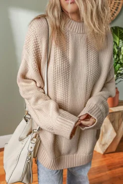 Outlet Dear-Lover Solid Color Cable Knit Ribbed Loose Sweater Pale Khaki