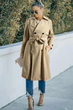 Discount Dear-Lover Solid Color Lapel Collar Waist Tie Wind Coat Pale Khaki