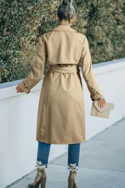 Discount Dear-Lover Solid Color Lapel Collar Waist Tie Wind Coat Pale Khaki