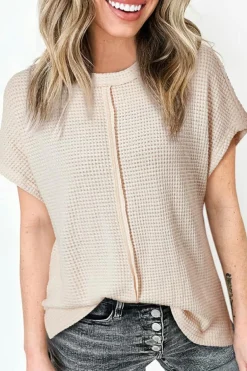 Outlet Dear-Lover Solid Color Textured Seamed Short Sleeve Top Pale Khaki