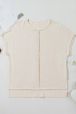 Outlet Dear-Lover Solid Color Textured Seamed Short Sleeve Top Pale Khaki