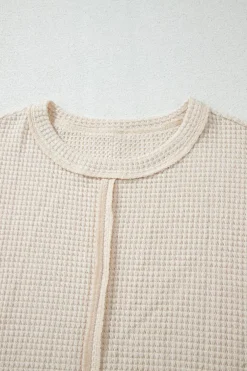 Outlet Dear-Lover Solid Color Textured Seamed Short Sleeve Top Pale Khaki