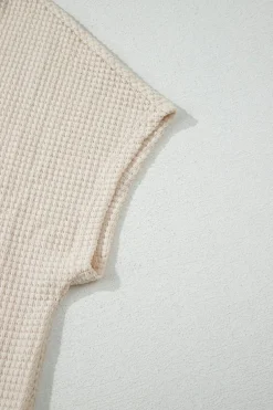 Outlet Dear-Lover Solid Color Textured Seamed Short Sleeve Top Pale Khaki