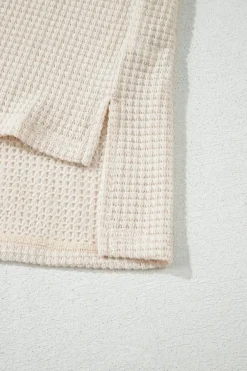 Outlet Dear-Lover Solid Color Textured Seamed Short Sleeve Top Pale Khaki