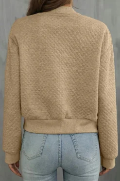 New Dear-Lover Solid Geometric Textured Baseball Collar Jacket Pale Khaki