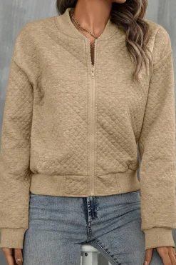New Dear-Lover Solid Geometric Textured Baseball Collar Jacket Pale Khaki