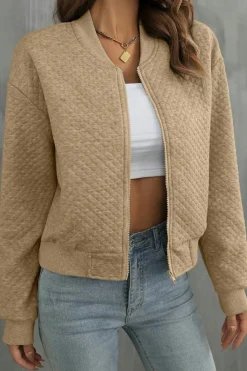 New Dear-Lover Solid Geometric Textured Baseball Collar Jacket Pale Khaki