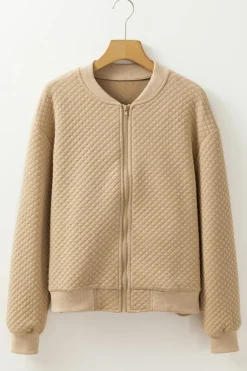 New Dear-Lover Solid Geometric Textured Baseball Collar Jacket Pale Khaki