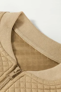 New Dear-Lover Solid Geometric Textured Baseball Collar Jacket Pale Khaki
