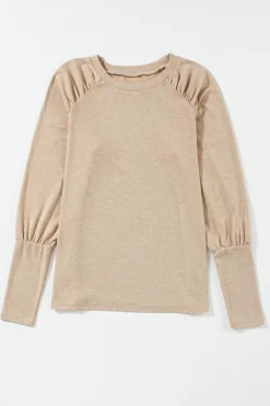 Discount Dear-Lover Solid Ruched Raglan Sleeve Knit Top Pale Khaki